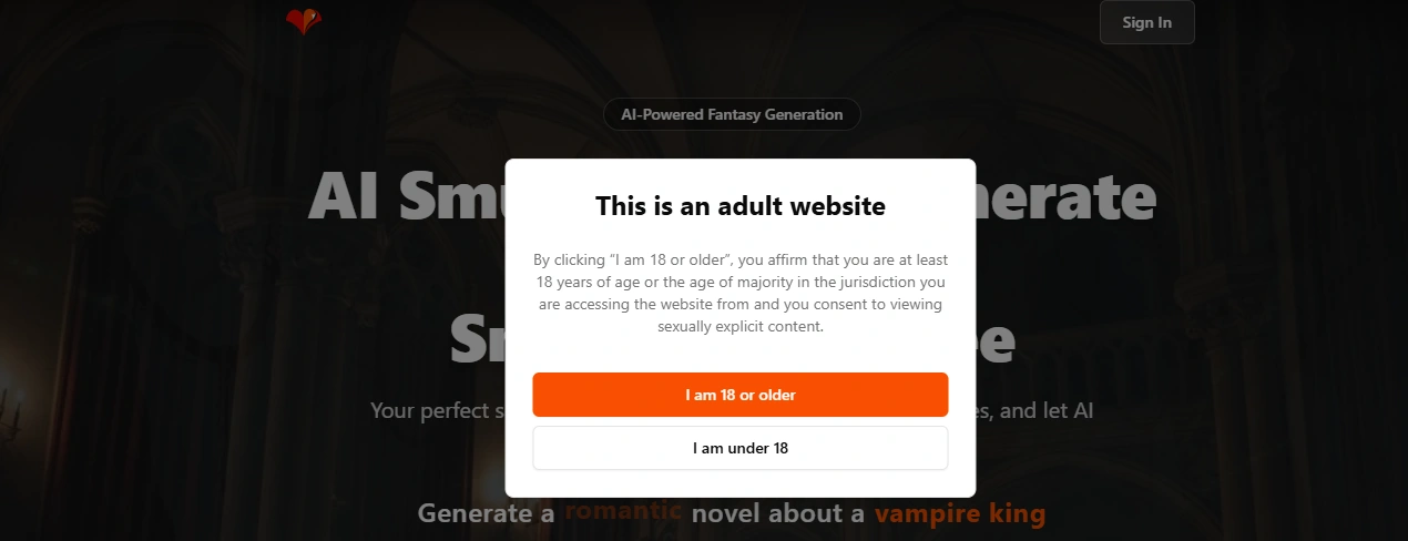 SmutFinder homepage showing an age verification modal reading 'This is an adult website' with 'I am 18 or older' and 'I am under 18' buttons over the AI Smut Story Generator hero