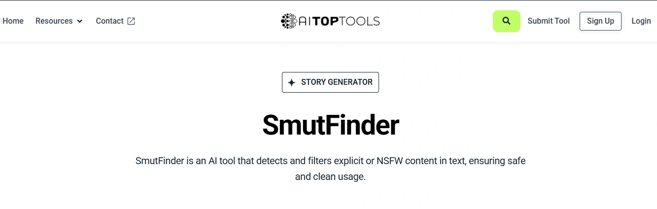 AI Top Tools listing for SmutFinder incorrectly describing it as a tool that detects and filters explicit or NSFW content in text