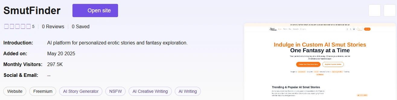 Toolify listing for SmutFinder showing five stars with zero reviews, added May 20 2025, and 297.5K monthly visitors