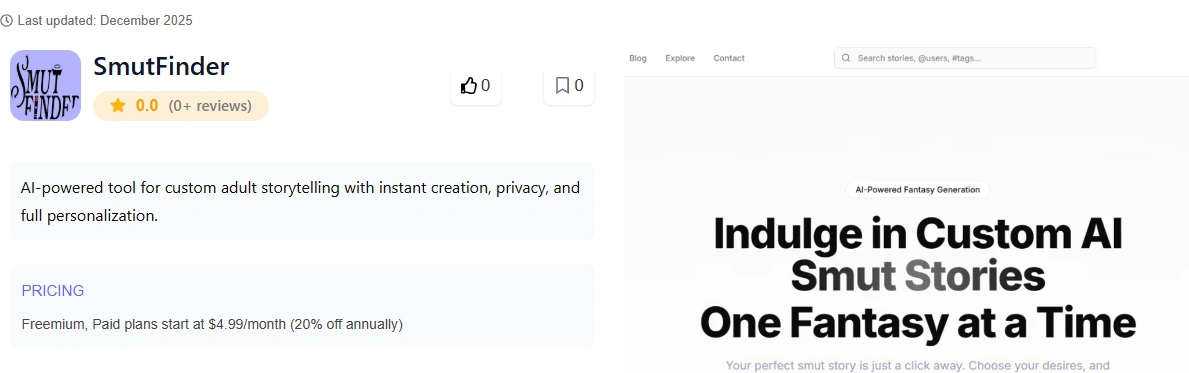 Hoyorai listing for SmutFinder showing a 0.0 rating with zero reviews and pricing from $4.99 per month, last updated December 2025