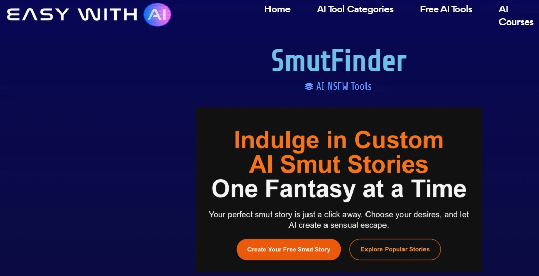 EasyWithAI listing for SmutFinder filed under AI NSFW Tools showing the site hero and call to action buttons