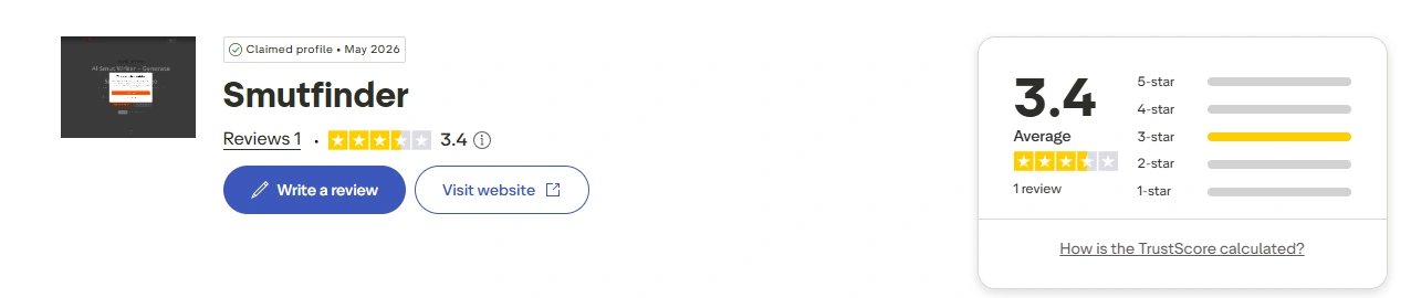SmutFinder Trustpilot profile showing a claimed profile from May 2026, a TrustScore of 3.4 and a review count of one, with the single rating sitting at three stars