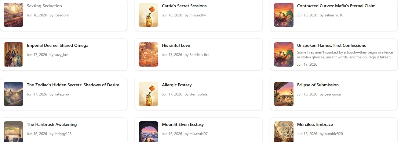 SmutFinder Explore feed showing published story cards including Contracted Curves Mafia's Eternal Claim, Imperial Decree Shared Omega and Moonlit Elven Ecstasy, each with an author name and a June 2026 date