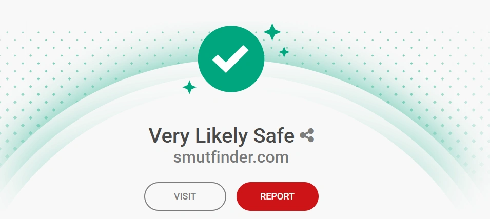 Scamadviser trust rating page for smutfinder.com displaying a green checkmark and the verdict Very Likely Safe