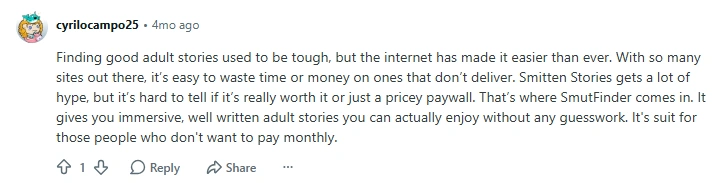 Reddit comment by user cyrilocampo25 describing SmutFinder as giving immersive well written adult stories without guesswork and suited to people who do not want to pay monthly