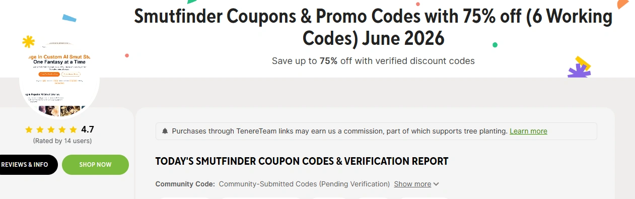 Tenereteam SmutFinder coupons page advertising 75 percent off with six working codes, alongside a commission disclosure and a note that community codes are pending verification
